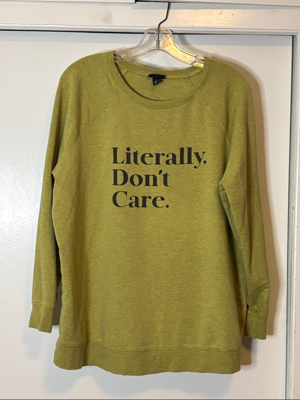 torrid Olive Green Crewneck Sweater with "Literally, Don't Care." Graphic